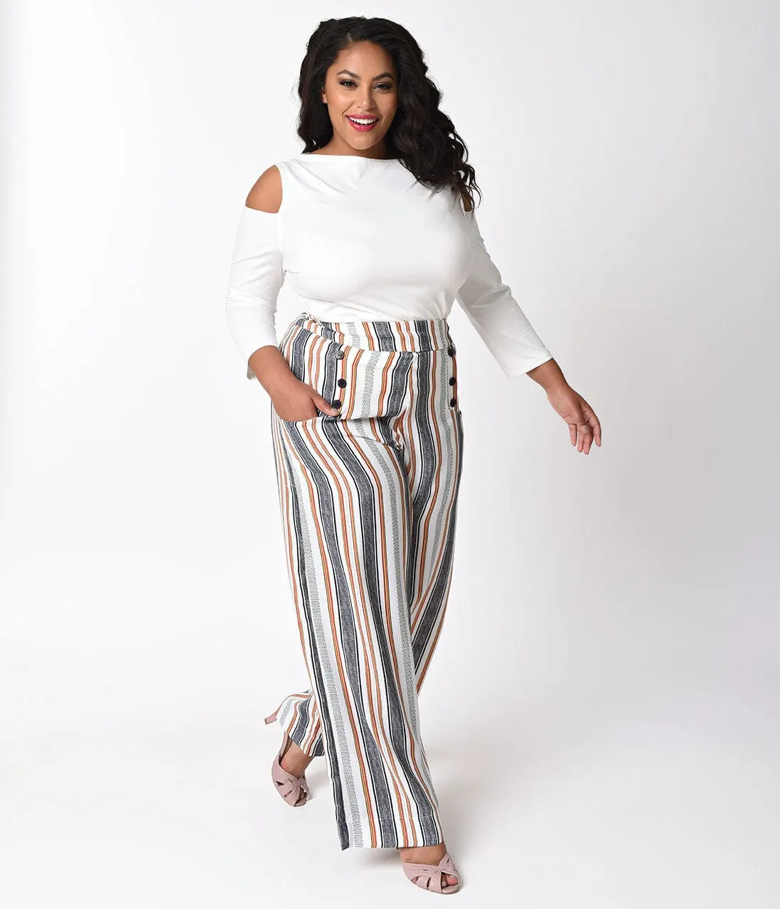 Unique Vintage Plus Size 1940s White & Striped High Waist Sailor Ginger Pants sold by Unique Vintage product image thumbnail 3