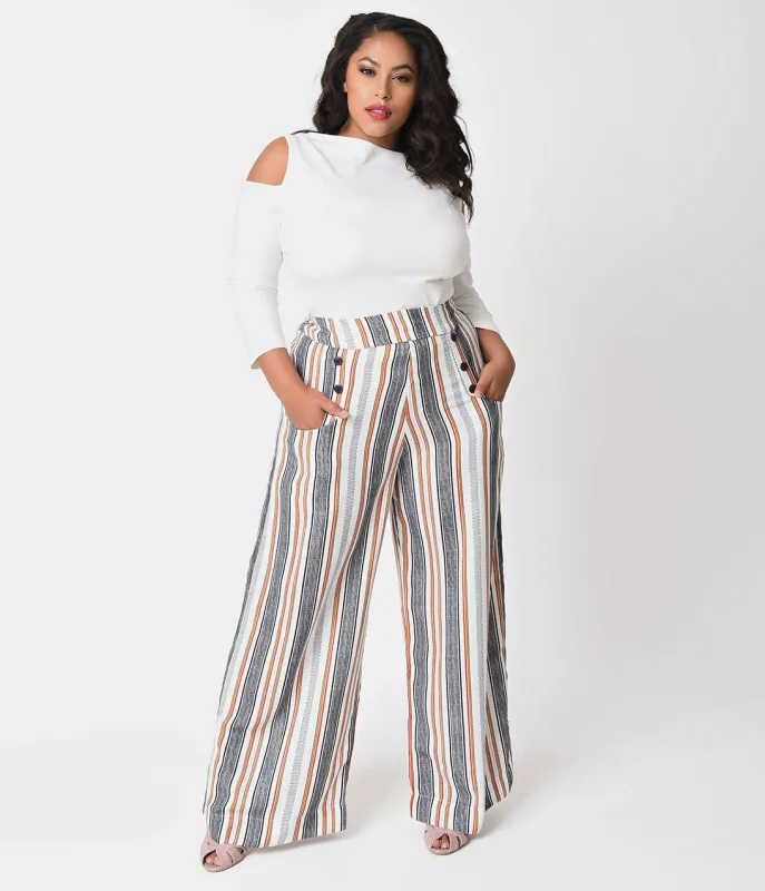 Unique Vintage Plus Size 1940s White & Striped High Waist Sailor Ginger Pants made by Unique Vintage