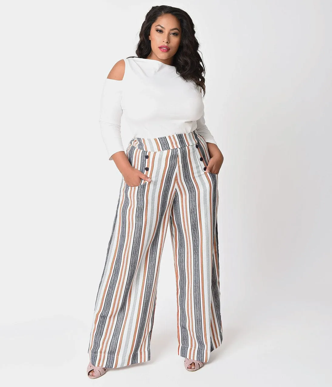 Unique Vintage Plus Size 1940s White & Striped High Waist Sailor Ginger Pants sold by Unique Vintage