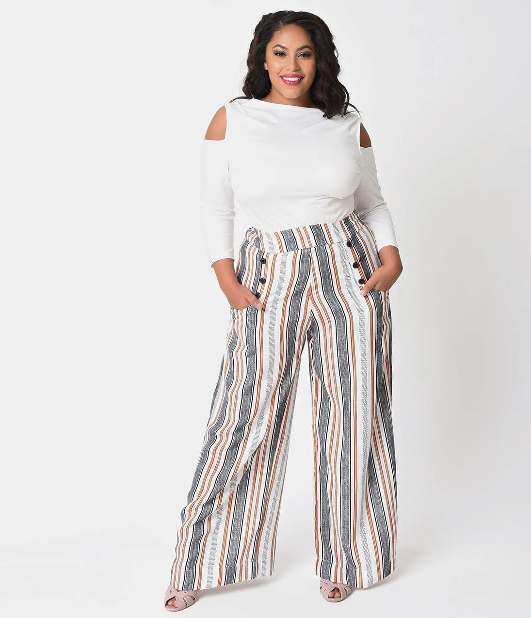 Unique Vintage Plus Size 1940s White & Striped High Waist Sailor Ginger Pants sold by Unique Vintage product image thumbnail 5