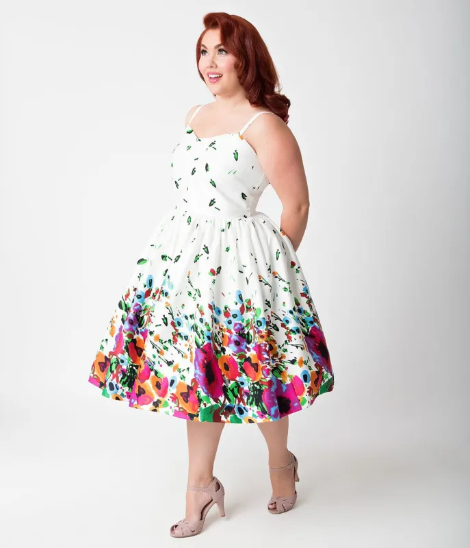 Unique Vintage Plus Size 1950s White & Border Floral Darcy Swing Dress made by Unique Vintage