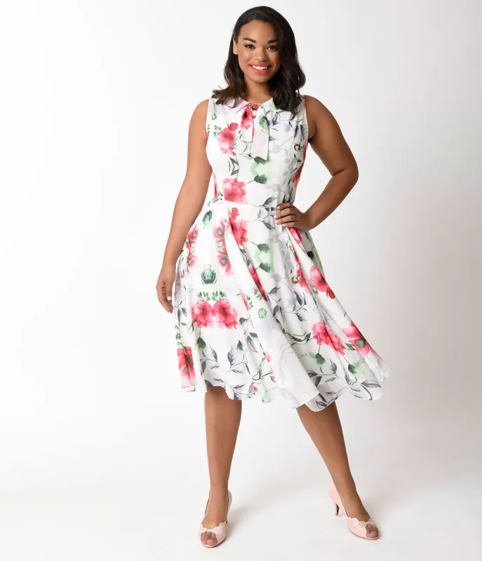 Unique Vintage Plus Size 1940s White & Pink Floral Sleeveless Olson Swing Dress made by Unique Vintage