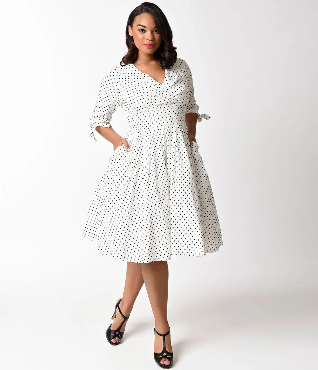 Unique Vintage Plus Size 1950s White & Black Polka Dot Diana Swing Dress sold by Unique Vintage