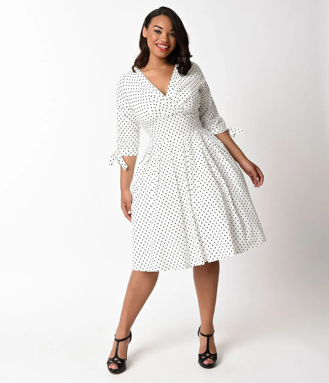 Unique Vintage Plus Size 1950s White & Black Polka Dot Diana Swing Dress sold by Unique Vintage product image thumbnail 2