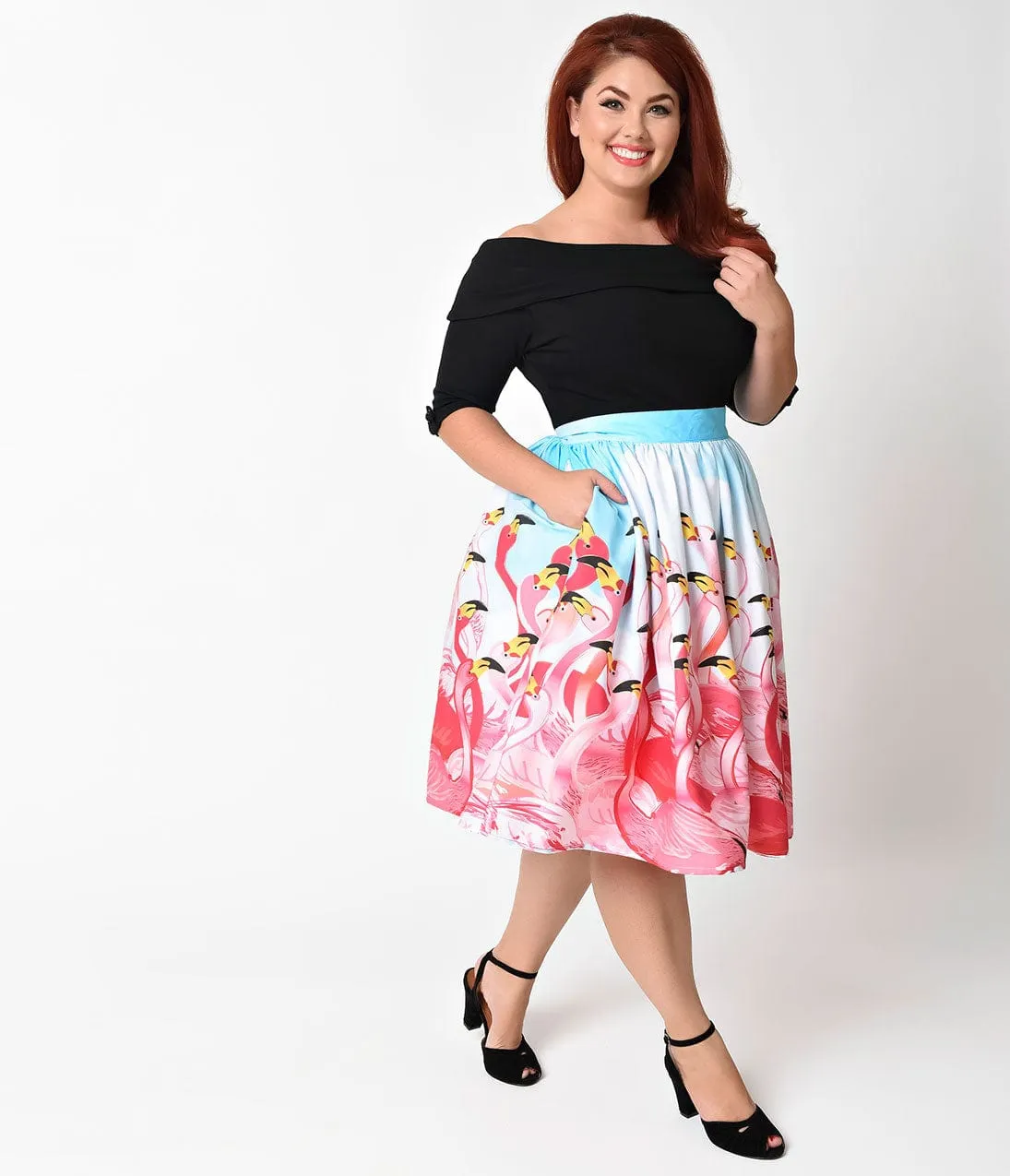Unique Vintage Plus Size 1950s Pink Flamingo Flock High Waist Swing Skirt sold by Unique Vintage product image thumbnail 4