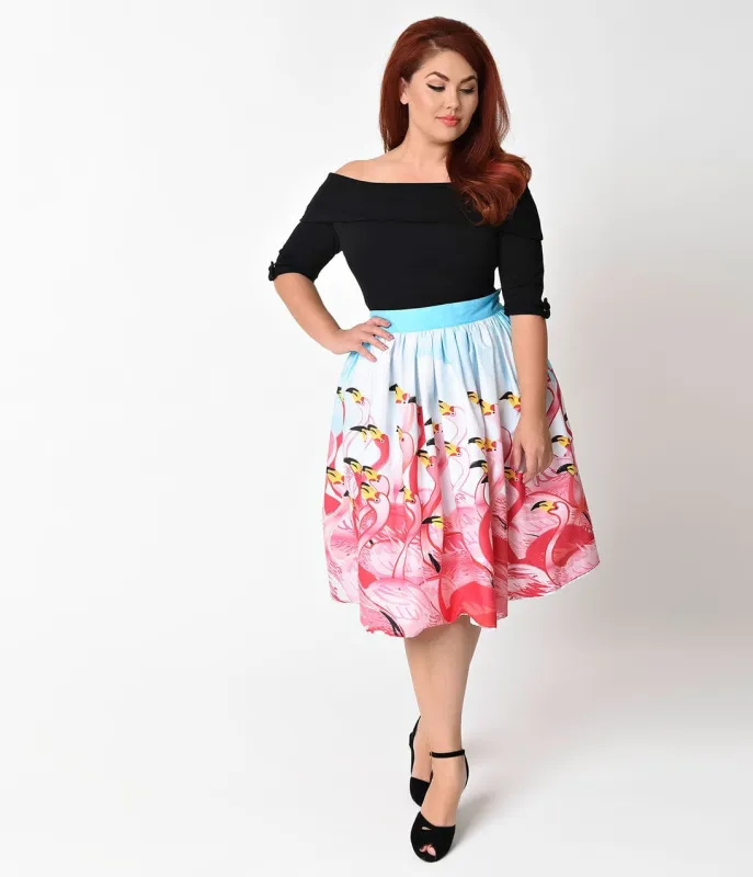 Unique Vintage Plus Size 1950s Pink Flamingo Flock High Waist Swing Skirt sold by Unique Vintage