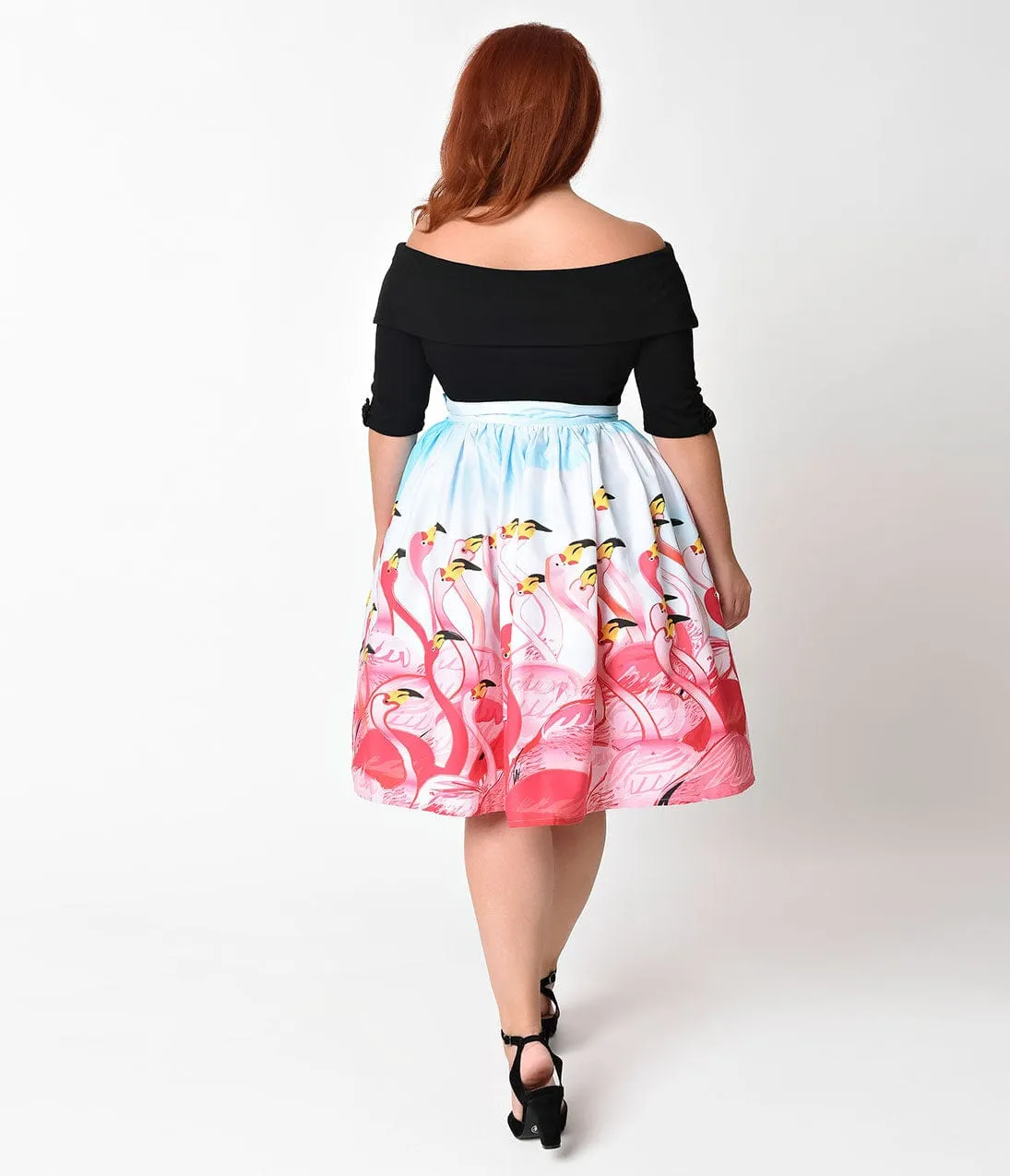 Unique Vintage Plus Size 1950s Pink Flamingo Flock High Waist Swing Skirt sold by Unique Vintage product image thumbnail 5