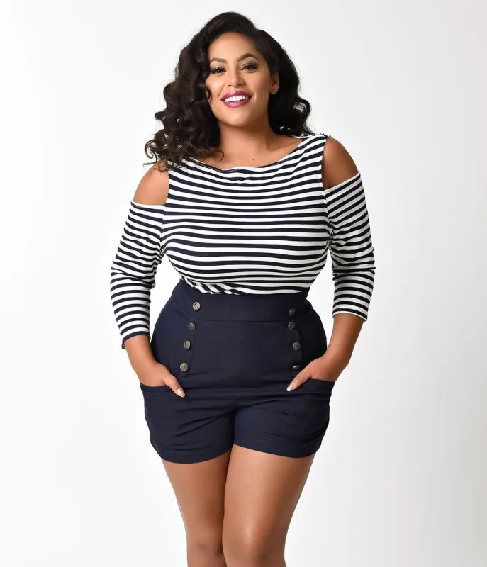 Unique Vintage Plus Size Navy & White Striped Jagger Knit Top sold by Unique Vintage