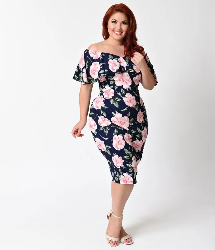 Unique Vintage Plus Size Navy Blue & Pink Floral Draped Sophia Wiggle Dress made by Unique Vintage