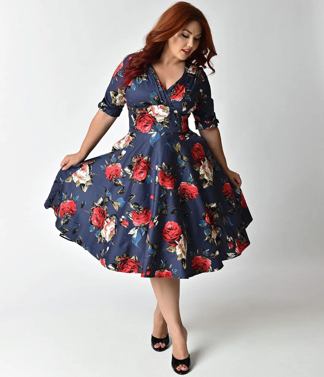 Unique Vintage Plus Size 1950s Navy & Red Floral Delores Swing Dress with Sleeves sold by Unique Vintage product image thumbnail 3