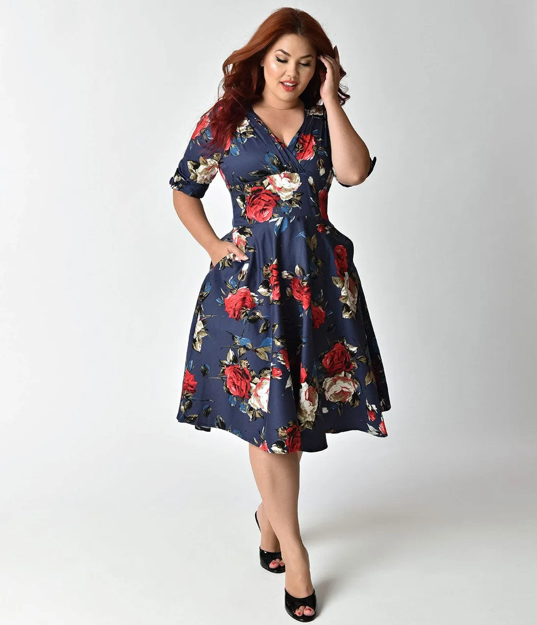 Unique Vintage Plus Size 1950s Navy & Red Floral Delores Swing Dress with Sleeves sold by Unique Vintage