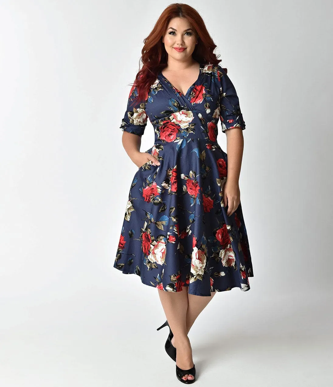Unique Vintage Plus Size 1950s Navy & Red Floral Delores Swing Dress with Sleeves sold by Unique Vintage product image thumbnail 4