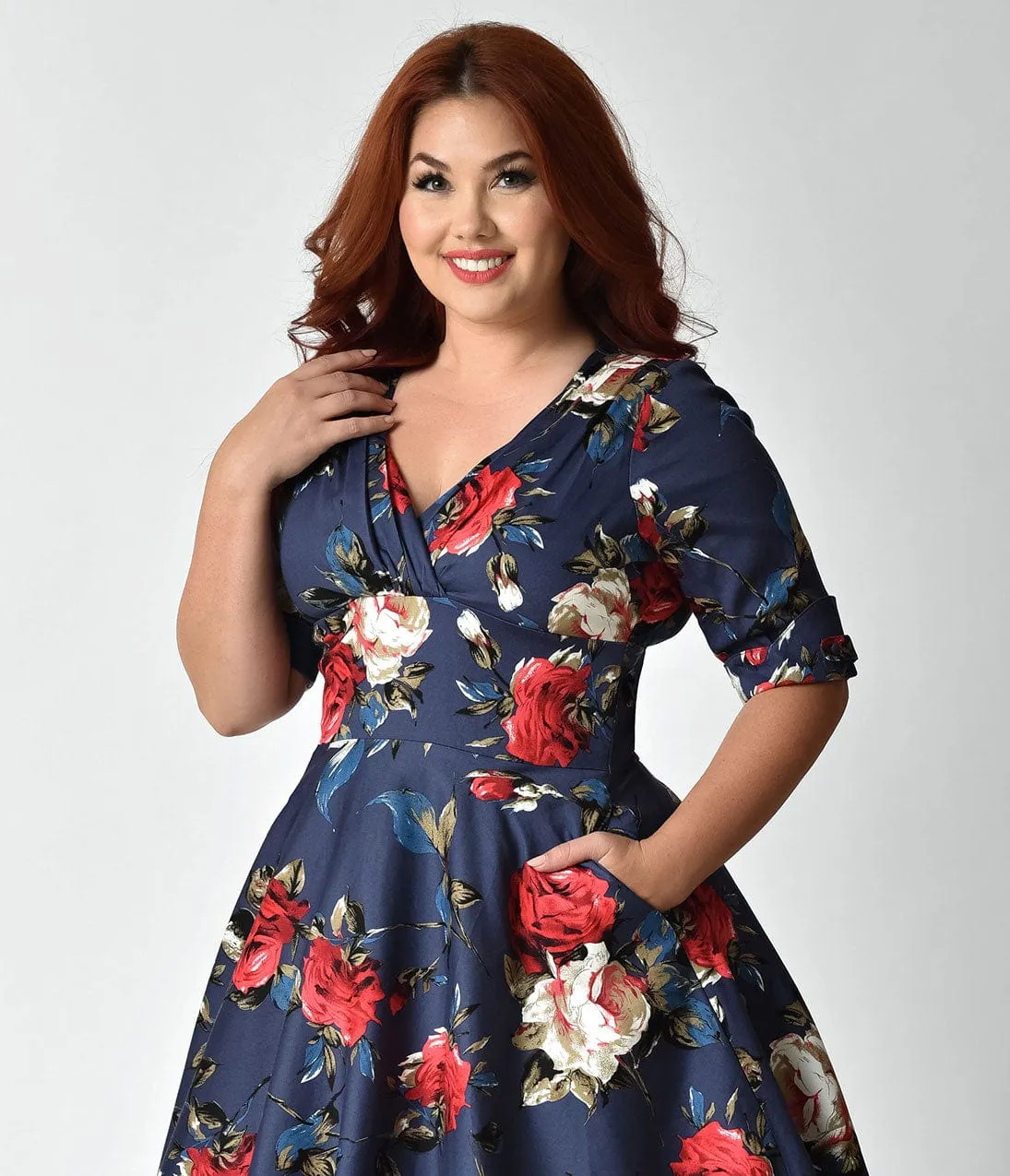Unique Vintage Plus Size 1950s Navy & Red Floral Delores Swing Dress with Sleeves sold by Unique Vintage product image thumbnail 2