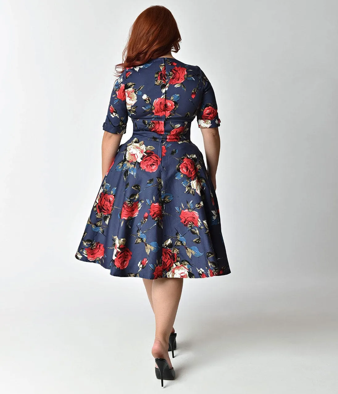 Unique Vintage Plus Size 1950s Navy & Red Floral Delores Swing Dress with Sleeves sold by Unique Vintage product image thumbnail 5