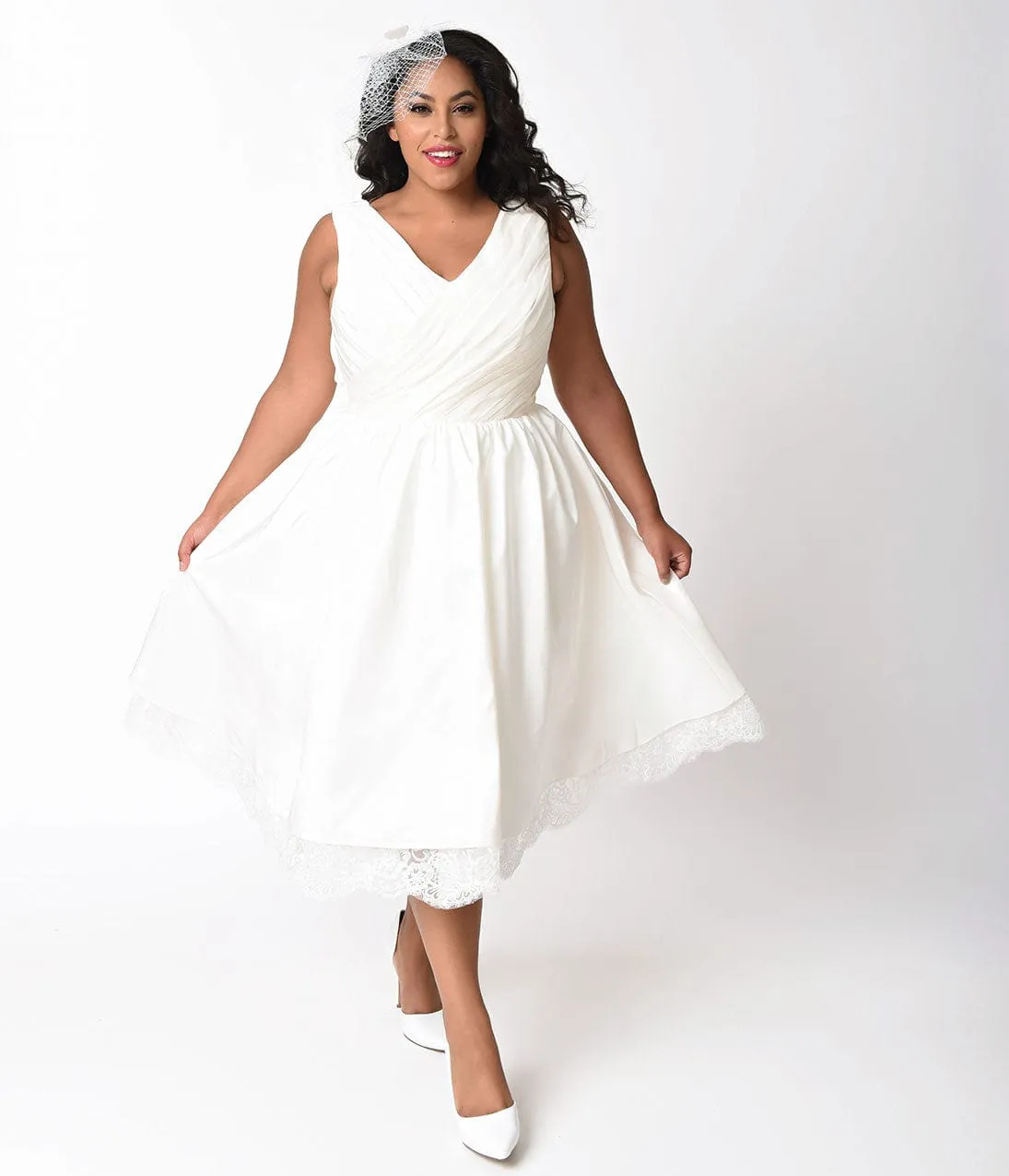 Unique Vintage Plus Size 1950s Ivory Pleated Taffeta Sleeveless Marseille Bridal Dress sold by Unique Vintage