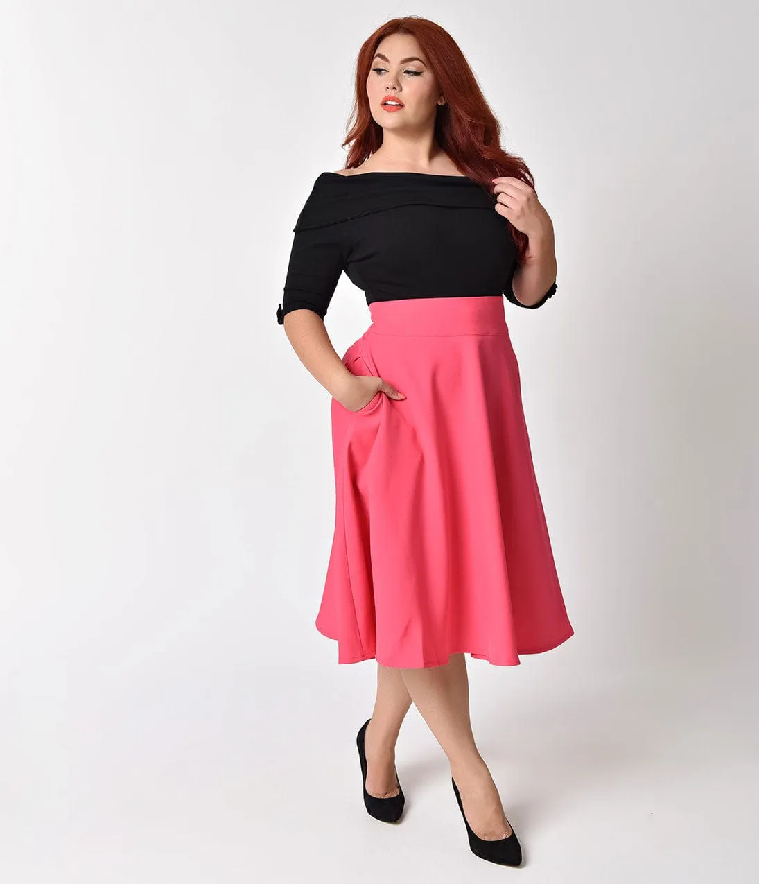 Unique Vintage Plus Size Retro Style Hot Pink High Waist Vivien Swing Skirt sold by Unique Vintage product image thumbnail 3