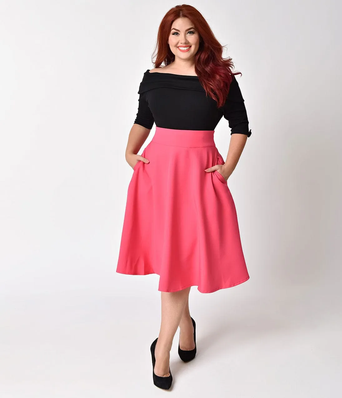 Unique Vintage Plus Size Retro Style Hot Pink High Waist Vivien Swing Skirt sold by Unique Vintage product image thumbnail 4
