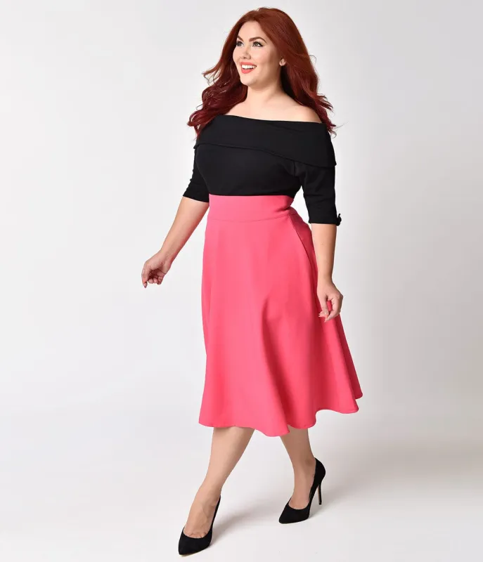 Unique Vintage Plus Size Retro Style Hot Pink High Waist Vivien Swing Skirt made by Unique Vintage