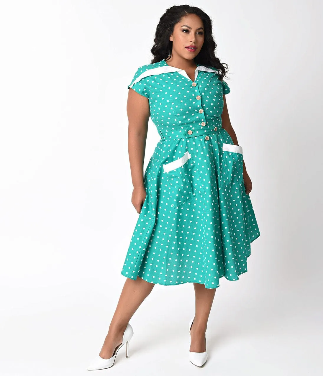 Unique Vintage Plus Size 1950s Green & Ivory Dotted Hedda Swing Dress sold by Unique Vintage product image thumbnail 4