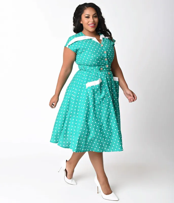 Unique Vintage Plus Size 1950s Green & Ivory Dotted Hedda Swing Dress made by Unique Vintage