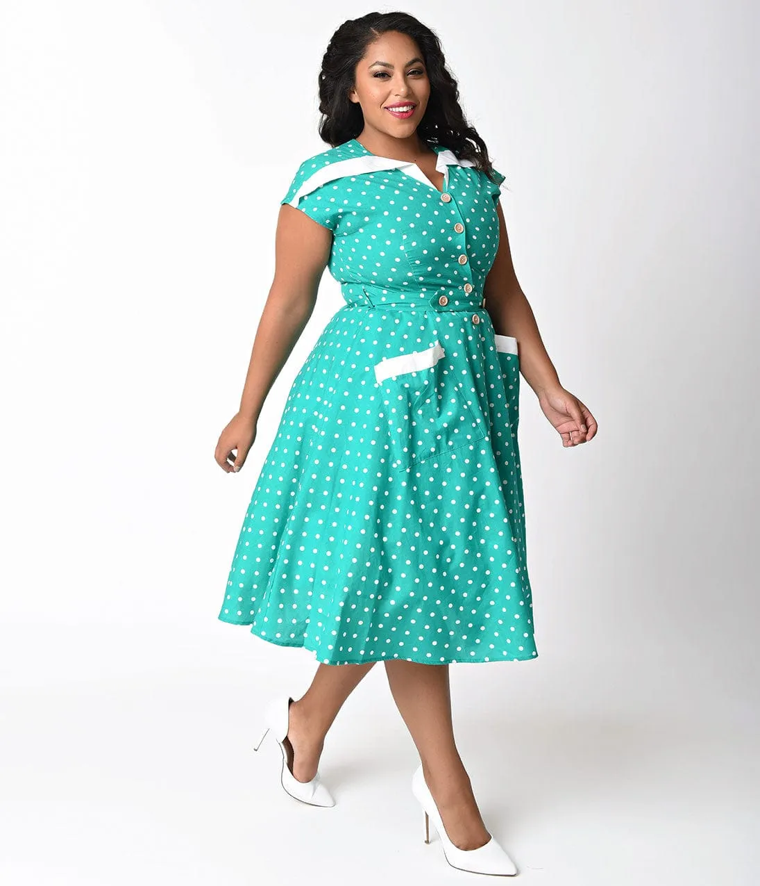 Unique Vintage Plus Size 1950s Green & Ivory Dotted Hedda Swing Dress sold by Unique Vintage