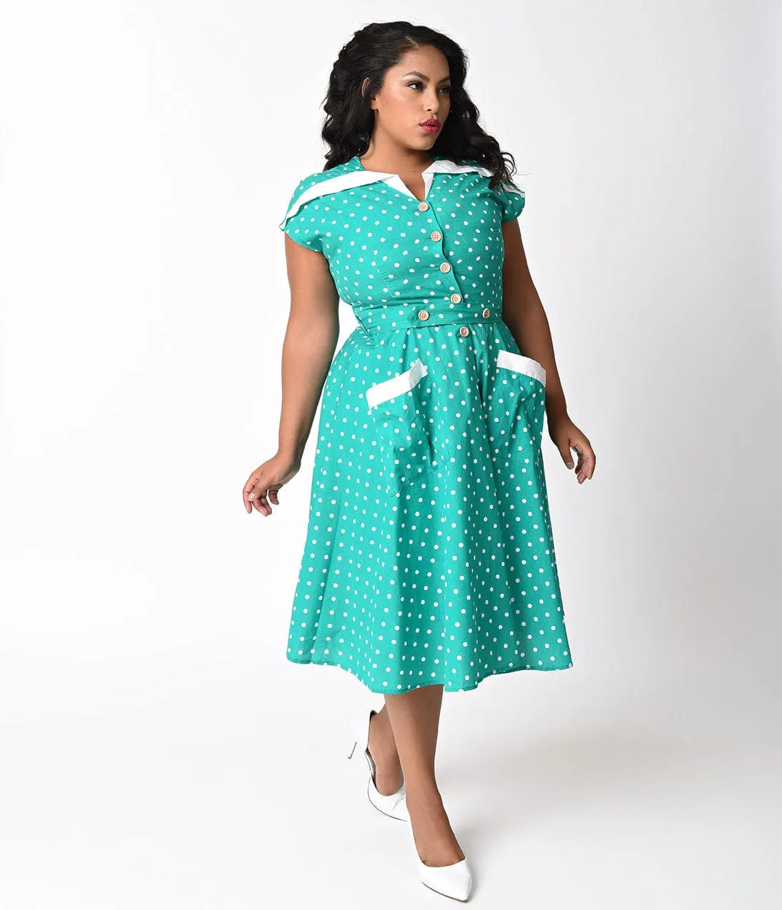 Unique Vintage Plus Size 1950s Green & Ivory Dotted Hedda Swing Dress sold by Unique Vintage product image thumbnail 5