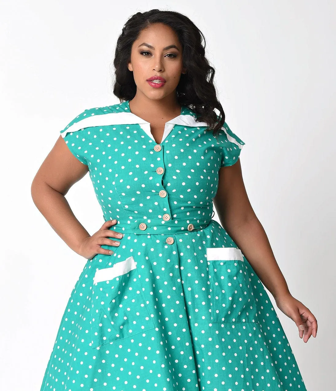 Unique Vintage Plus Size 1950s Green & Ivory Dotted Hedda Swing Dress sold by Unique Vintage product image thumbnail 2