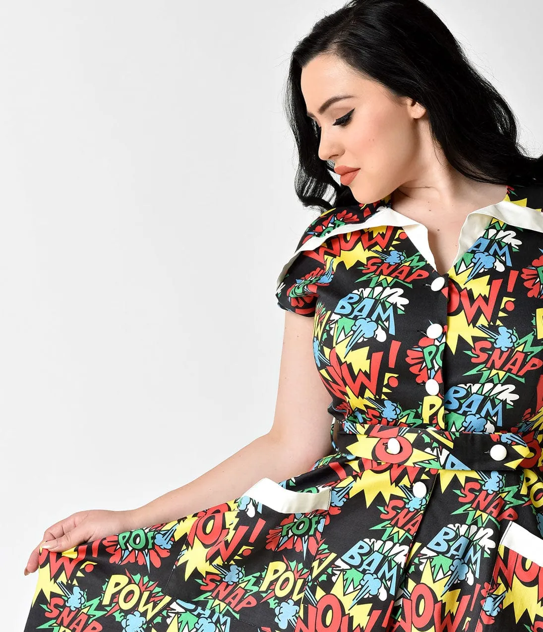 Unique Vintage Plus Size 1950s Style Comic Book Action Print Cap Sleeve Hedda Swing Dress sold by Unique Vintage product image thumbnail 3
