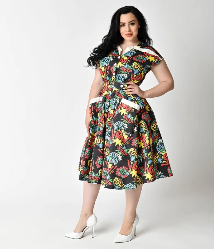 Unique Vintage Plus Size 1950s Style Comic Book Action Print Cap Sleeve Hedda Swing Dress made by Unique Vintage
