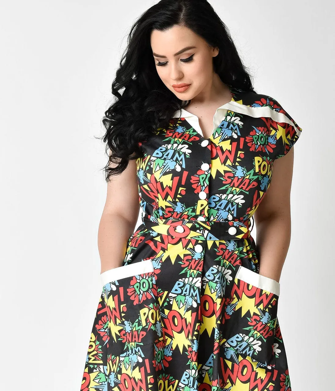 Unique Vintage Plus Size 1950s Style Comic Book Action Print Cap Sleeve Hedda Swing Dress sold by Unique Vintage product image thumbnail 4