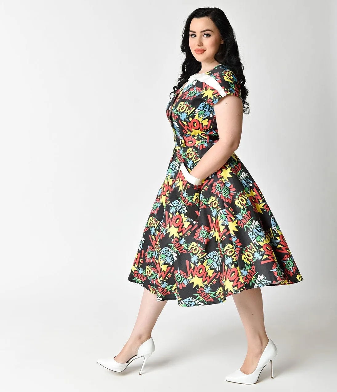Unique Vintage Plus Size 1950s Style Comic Book Action Print Cap Sleeve Hedda Swing Dress sold by Unique Vintage product image thumbnail 2