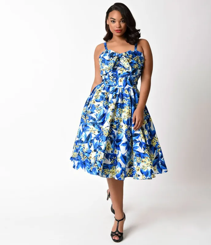 Unique Vintage Plus Size Blue & Yellow Floral Golightly Swing Dress sold by Unique Vintage