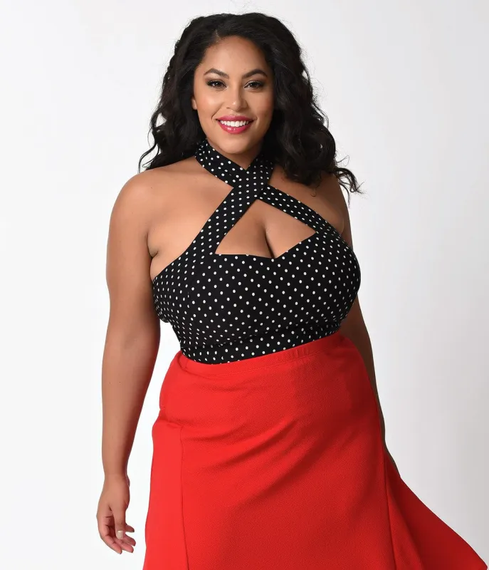 Unique Vintage Plus Size Black & White Dotted Rita Cross Halter Top sold by Unique Vintage