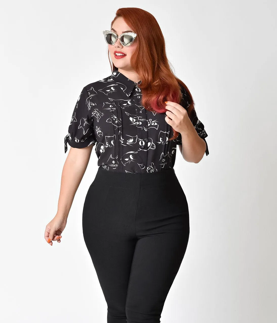 Unique Vintage Plus Size Black Prowling Cat Print Button Up Short Sleeve Colvin Blouse sold by Unique Vintage