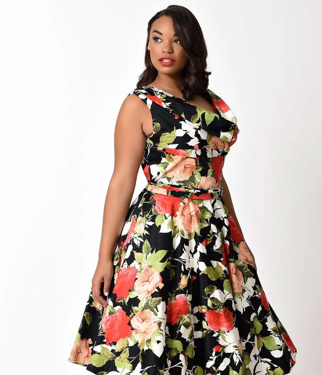Unique Vintage Plus Size 1950s Style Black & Rose Bouquet Blanc Noir Swing Dress sold by Unique Vintage product image thumbnail 4