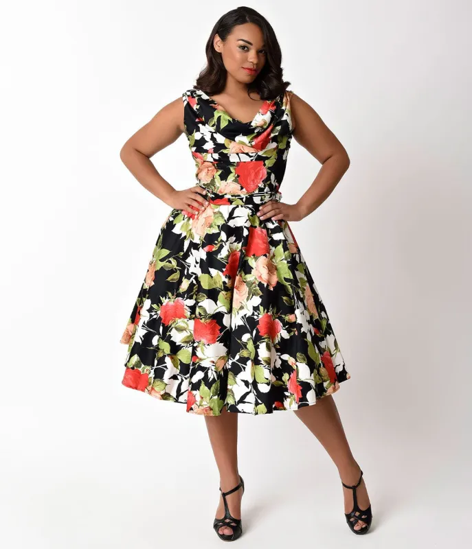 Unique Vintage Plus Size 1950s Style Black & Rose Bouquet Blanc Noir Swing Dress made by Unique Vintage