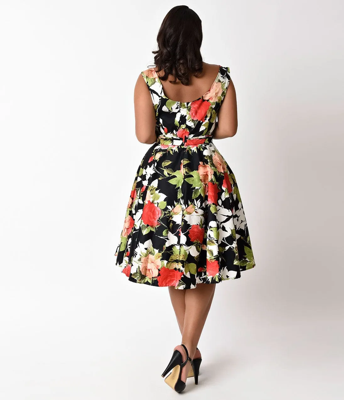 Unique Vintage Plus Size 1950s Style Black & Rose Bouquet Blanc Noir Swing Dress sold by Unique Vintage product image thumbnail 2