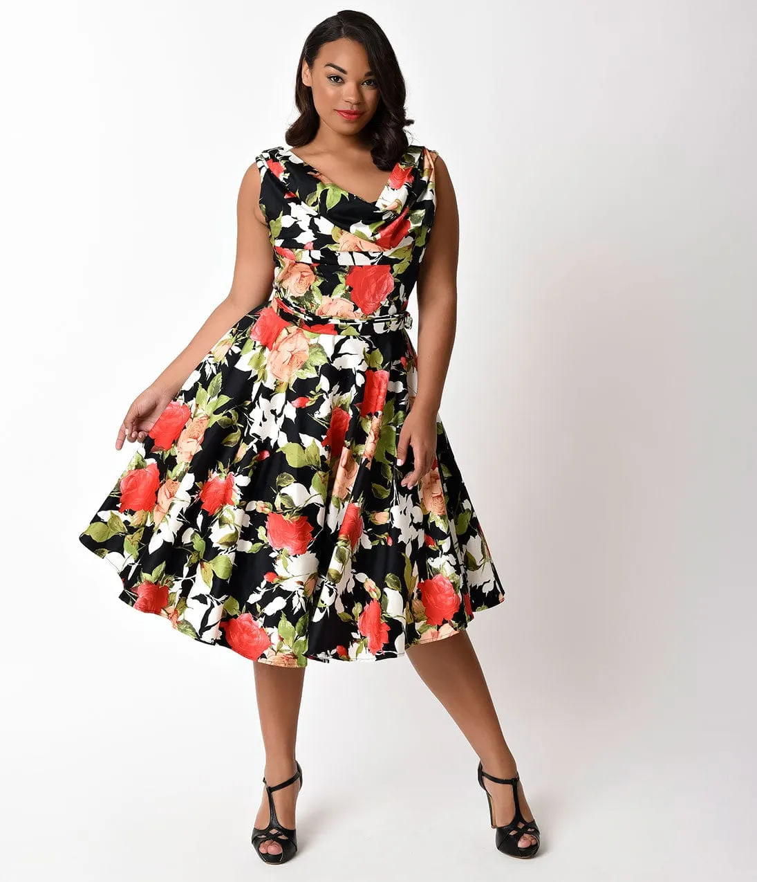 Unique Vintage Plus Size 1950s Style Black & Rose Bouquet Blanc Noir Swing Dress sold by Unique Vintage product image thumbnail 3