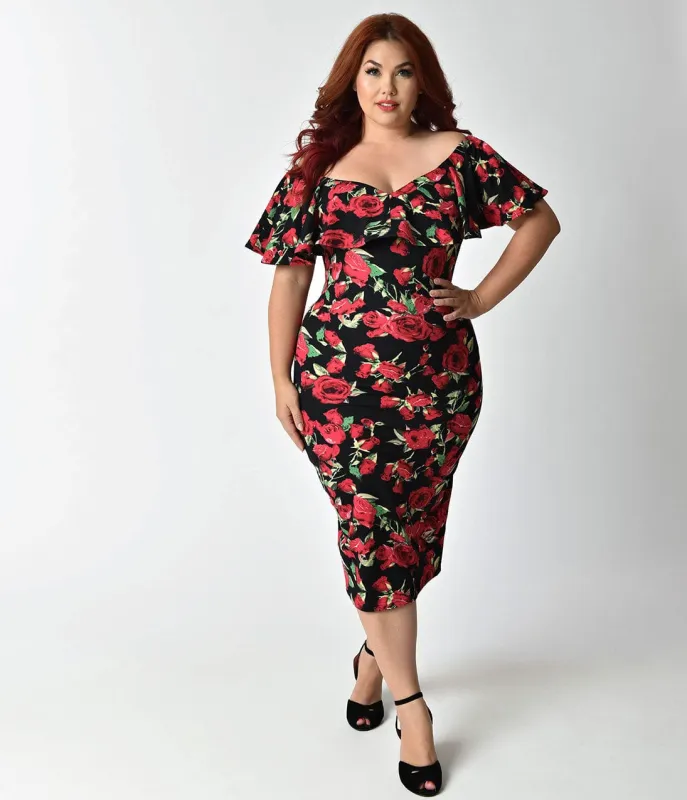Unique Vintage Plus Size Black & Red Knit Draped Sophia Wiggle Dress made by Unique Vintage