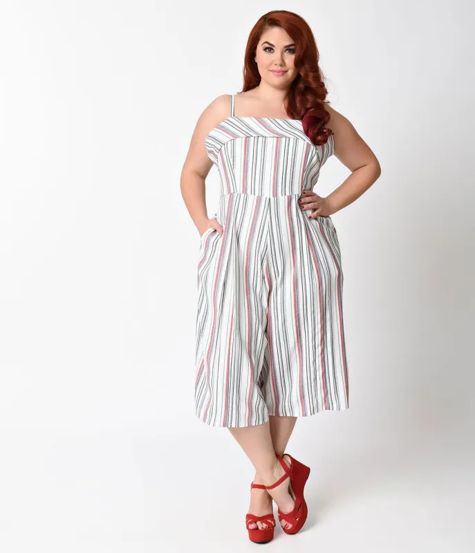 Unique Vintage Plus Size White & Multicolor Stripe Nancy Romper sold by Unique Vintage