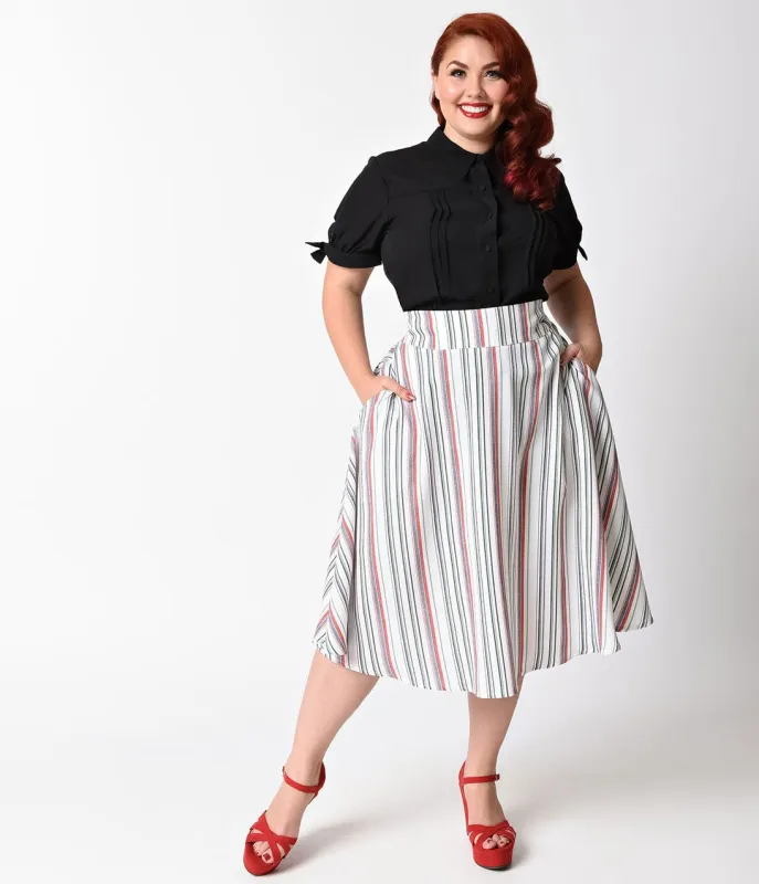 Unique Vintage Plus Size White & Multi Striped High Waist Vivien Swing Skirt sold by Unique Vintage
