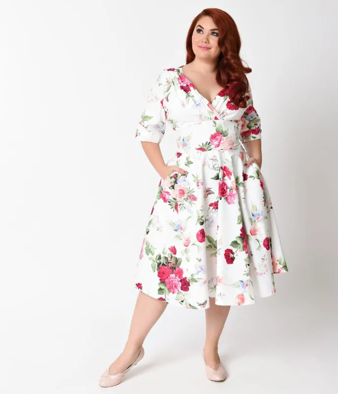 Unique Vintage Plus Size 1950s White & Floral Posey Delores Swing Dress with Sleeves sold by Unique Vintage
