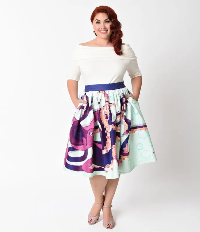 Unique Vintage Plus Size 1950s Purple Octopus High Waist Swing Skirt sold by Unique Vintage
