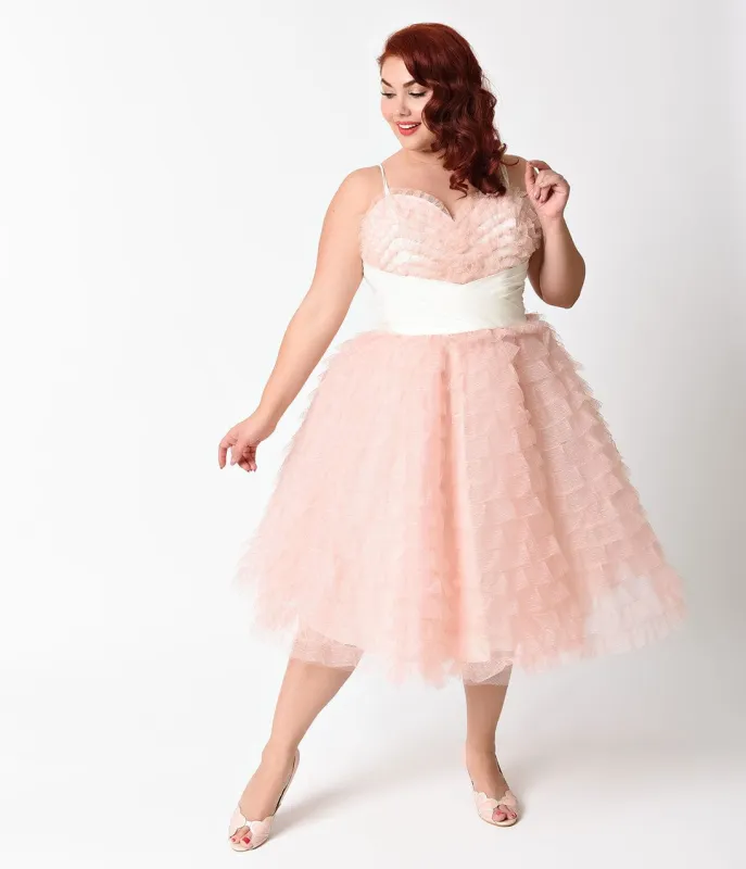 Unique Vintage Plus Size 1950s Peach Pink Ruffled Tulle Sweetheart Cupcake Swing Dress sold by Unique Vintage