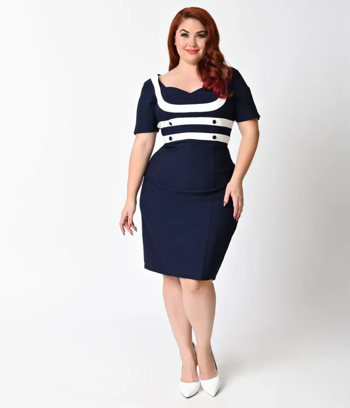 Unique Vintage Plus Size 1940s Navy Blue & White Kingsley Wiggle Dress made by Unique Vintage