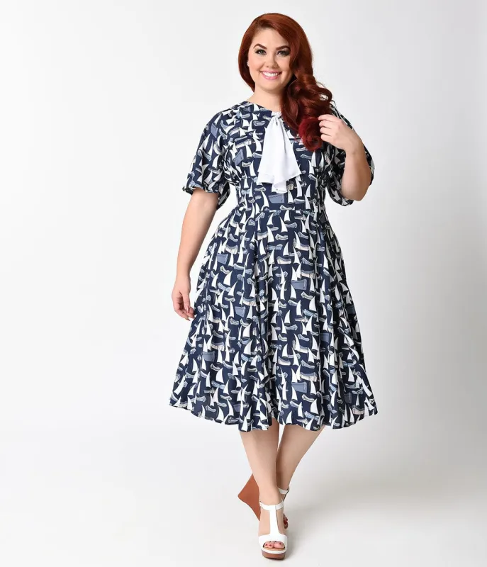 Unique Vintage Plus Size 1940s Navy Blue Sailboats At Sea Lucille Swing Dress made by Unique Vintage