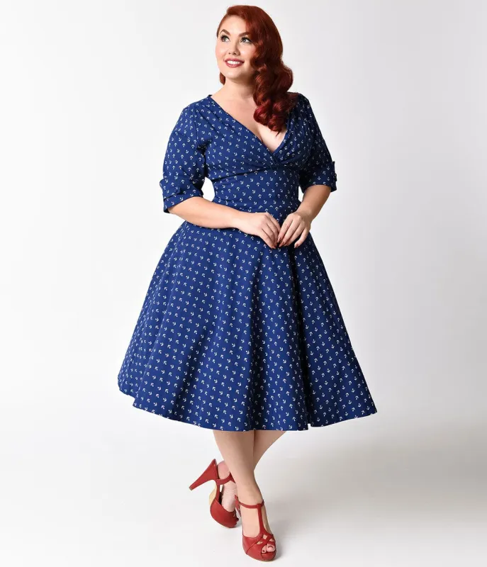 Unique Vintage Plus Size 1950s Navy Anchor Print Delores Swing Dress with Sleeves sold by Unique Vintage