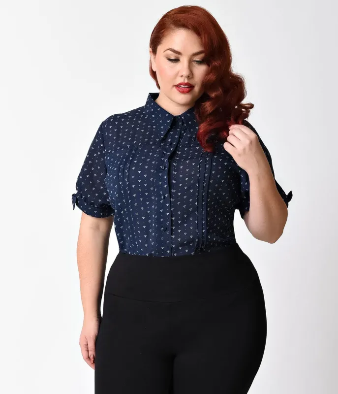 Unique Vintage Plus Size Navy Anchor Print Chiffon Colvin Blouse made by Unique Vintage