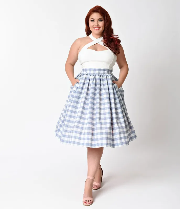Unique Vintage Plus Size 1950s Light Blue & White Gingham High Waist Swing Skirt made by Unique Vintage