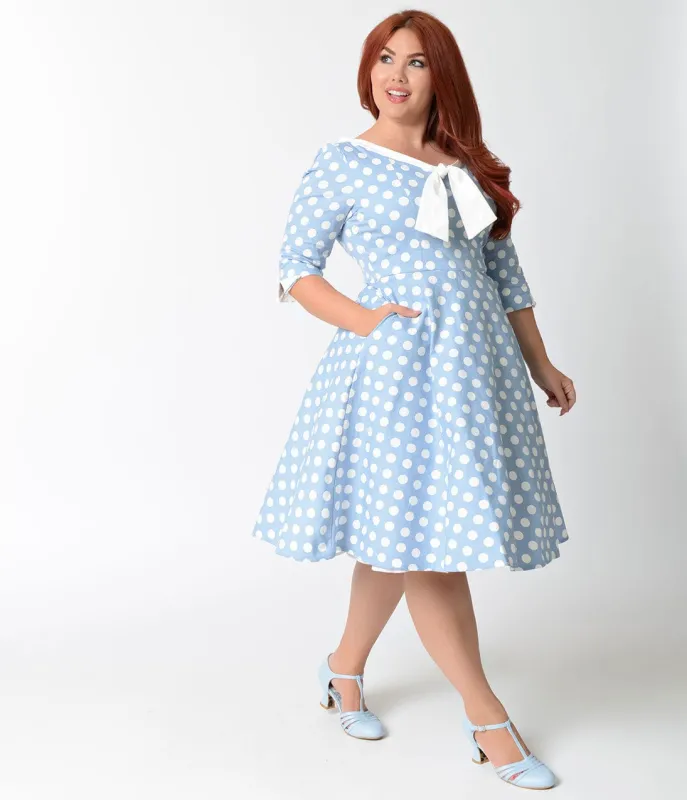 Unique Vintage Plus Size Powder Blue & White Dotted Desi Swing Dress sold by Unique Vintage